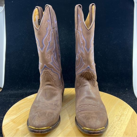 Nocona Brown/Pink/Blue Leather Western Cowgirl Boots Women's Size 7B - Picture 2 of 9